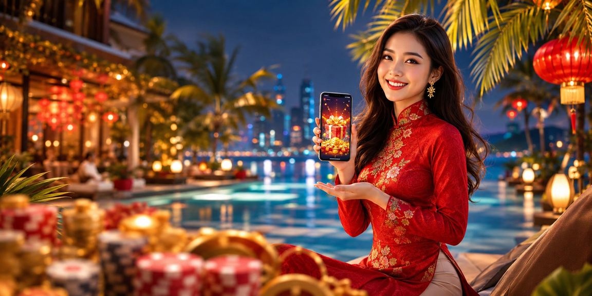 Người dùng tại Mũi Né đăng ký nhận thưởng qua ứng dụng di động với trang phục áo dài